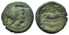 Macedon, Thessalonica, c. 187-31 BC. Æ (17mm, 3.8g). Helmeted head of Athena r. R/ Horse galloping r.; caduceus below. SNG ANS 770-2.