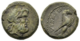 Macedon. Thessalonica, c. 1st century BC. Æ (18mm, 6g) . Laureate head of Zeus r.
R/Eagle standing r. with wings closed. Cf. AMNG III.2, 25; HGC 3.1, ...