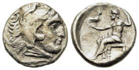 Kings of Macedon. Alexander 'the Great' (336-323 BC). AR Drachm (16,5mm, 3.9g). 
Head of Heracles to r., wearing lion's skin. R/ Zeus seated on throne...