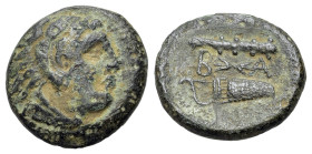 Kings of Macedon. Uncertain mint. Time of Alexander III - Kassander (325-310 BC). Æ (17mm, 4.52g, 9h). Head of Herakles r., wearing lion skin. R/ B-A,...
