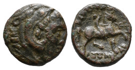 Kings of Macedon, Kassander (305-298 BC). Æ (17mm, 4.61g). Head of Herakles r., wearing lion skin. R/ Rider on horseback r., raising r. hand in salute...