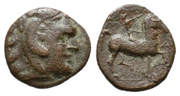 Kings of Macedon, Kassander (305-298 BC). Æ (16mm, 3.74g). Head of Herakles r., wearing lion skin. R/ Rider on horseback r., raising r. hand in salute...