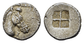 Greek, Kings of Macedon, Time of Alexander I (498-454 BC), AR Obol (8,6mm, 0.48g). head of Boucefala adorned with royal reins. R/ Quadripartite incuse...