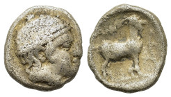 Thrace. Aenus, c. 440-412. AR Diobol (10,6mm, 1.3g). Head of Hermes r., wearing brimless causia. R/Goat r.; in lower r. field, olive branch. SNG Copen...