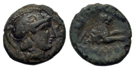 Kings of Thrace. Lysimachos (305-281 BC). Æ (14mm, 1.9g). Helmeted head of Athena r. R/Forepart of a lion r. In left field monogram ΛΟ. SNG Copenhagen...