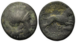 Kings of Thrace. Lysimachos (305-281 BC). Æ (18,6mm, 4.2g). Uncertain Macedonian mint. Helmeted head of Athena r. R/ Lion running r., M monogram and s...