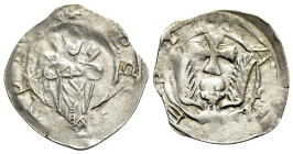 Austria, Heiligenkreuz. AR Freisacher Pfennig (18mm, 1.22g, 3h). Struck before 1240. Bishop seated facing, holding sword in each hand R/ Facing bust o...