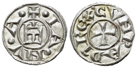 Italy, Genoa, Republic (1139-1339). AR Denaro (16mm, 0.74g, 4h). IANVA, Castle. R/ CVNRADVS REX, patent cross. CNI 1/69; MIR 16.