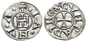 Italy, Genoa, Republic (1139-1339). AR Denaro (15mm, 0.79g, 8h). IANVA, Castle. R/ CVNRADVS REX, patent cross. CNI 1/69; MIR 16.