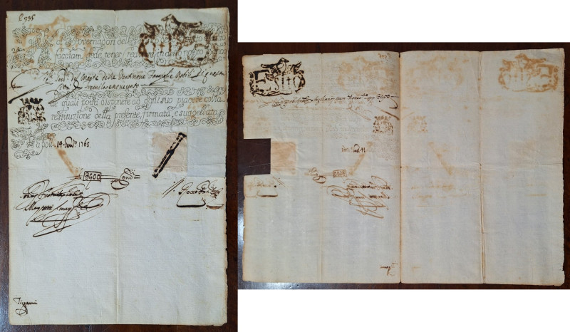 Banco dello Spirito Santo. Fede di Credito emessa il 14 Settembe 1765 di 3.900 D...