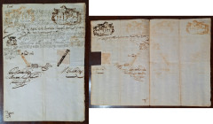 Banco dello Spirito Santo. Fede di Credito emessa il 14 Settembe 1765 di 3.900 Ducati. Annotazioni manoscritte con sigillo a ostia, il tutto su carta ...