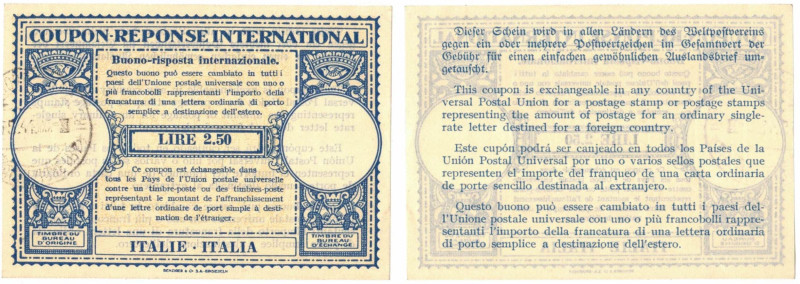Buono di risposta Internazionale. Emissione 1944 da 2,50 Lire. Impresso su carta...