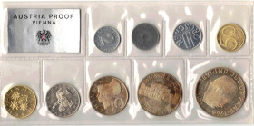 Austria. Serie Divisionale con 9 valori nominali. 50,25 e 10 Shilling in Ag. 1971.&nbsp; Proof.