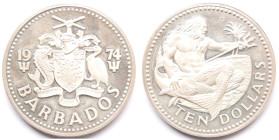 Barbados. 10 Dollari 1974. Ag. KM 17a. Peso gr. 38,23. Diametro mm. 42. Proof. Macchie di umidit&agrave;.