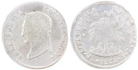 Bolivia. 4 Soles 1858. Ag. KM 123.2. Peso gr. 13,81. Diametro mm. 32. qSPL. Difetto di conio al bordo.&nbsp;