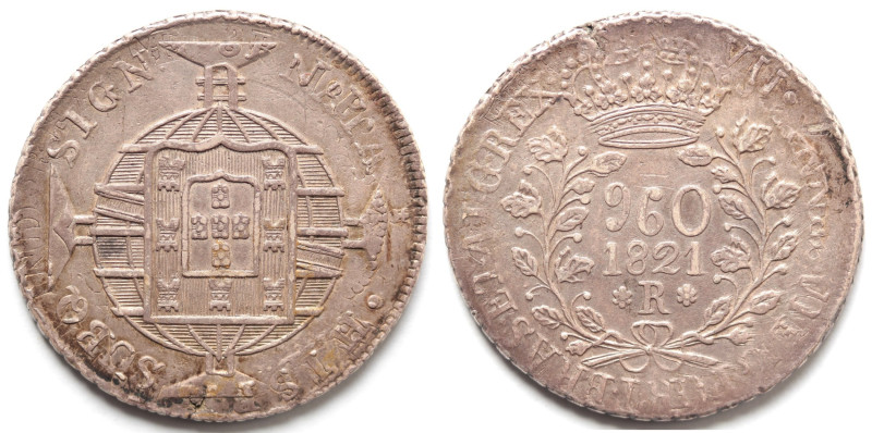 Brasile. Juan VI. 1816-1826. 960 Reis. 1821 R. Ag. Ribattuta su un 8 Reales di F...