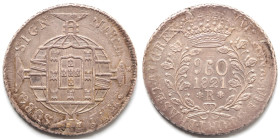 Brasile. Juan VI. 1816-1826. 960 Reis. 1821 R. Ag. Ribattuta su un 8 Reales di Ferdinando VIII. KM 326.1. Peso gr.&nbsp; 26,92. Diametro mm. 41. BB+. ...