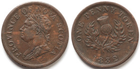 Canada. Nova Scotia. Penny 1832. Token. Ae. KM# 2. Peso gr 16,76. qSPL-SPL.