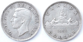 Canada. Giorgio VI. 1936-1952. Dollaro&nbsp;1951. Ag. Km. 46. Peso gr. 23,28. Diametro mm. 36.&nbsp;SPL.