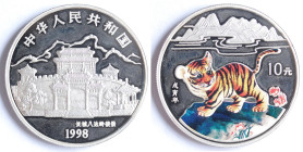 Cina. 10 Yuan. Oncia. Anno della Tigre 1998. Colorata. Ag. KM# 1138a. Peso gr. 31,07. Proof.