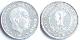 Costa d'Avorio. 10 Franchi 1966. Ag 925. Km. 1. Peso gr. 25,02. Diametro mm. 34. qFDC.