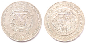 Repubblica Dominicana. 10 Pesos 1975. Ag. KM# 37. Peso gr. 28,22. Diametro mm. 40. qFDC.&nbsp;