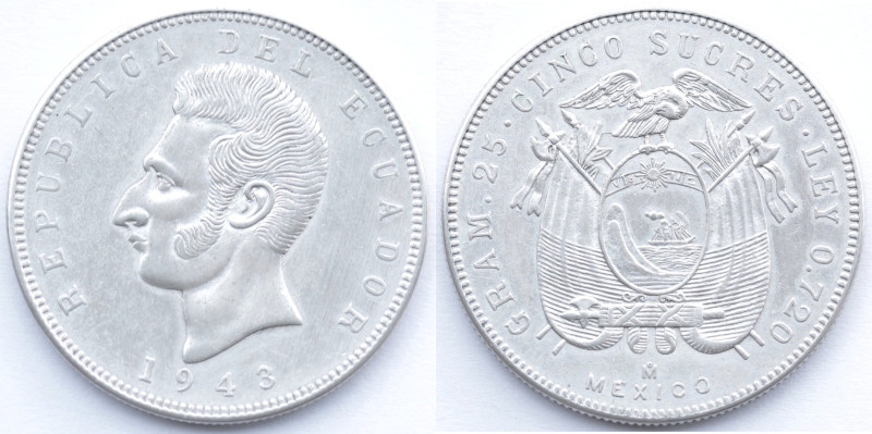 Ecuador.&nbsp;5&nbsp;Sucre&nbsp;1943. Ag 720. Km. 79. Peso gr. 24,99. Diametro m...