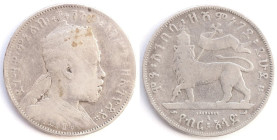 Etiopia. Menelik II. 1889-1913. Mezzo Birr. Ag. Peso gr. 13,78. Diametro mm. 30. MB.