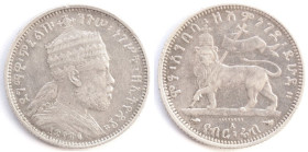 Etiopia. Menelik II. 1889-1913. Quarto di Birr. Ag. Peso gr. 6,99. Diametro mm. 25. qSPL.&nbsp;