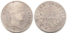 Francia. Napoleone I. 1804-1815. 5 Franchi 1809 W. Zecca di Lille. Ag. KM694.16. Peso gr. 24,87. Diametro mm. 37. BB+. Mancanze del tondello.