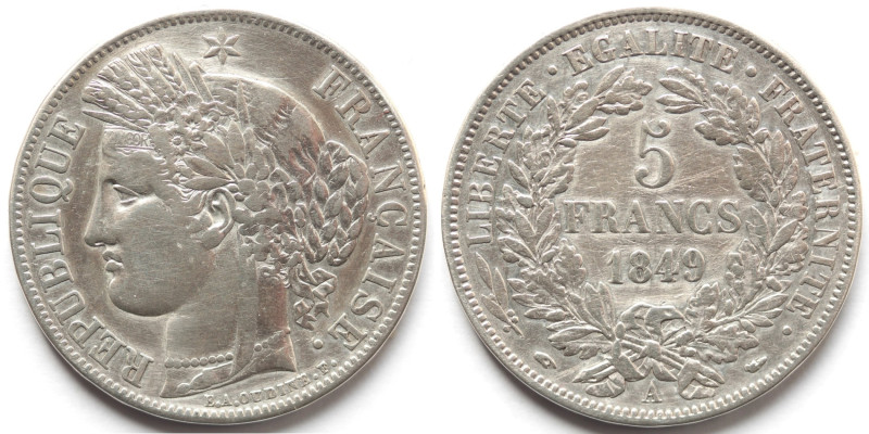 Francia. 5 Franchi 1849. Ag. Km 761.1. Peso gr. 24,61. Diametro mm. 37. BB. Puli...