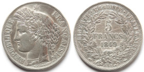 Francia. 5 Franchi 1849. Ag. Km 761.1. Peso gr. 24,61. Diametro mm. 37. BB. Pulita.&nbsp;
