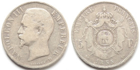 Francia. Napoleone III. 1852-1870. 5 Franchi 1855 D. Lione. Ag. KM 782.3. Peso gr. 24,35. Diametro mm. 37. MB. R.