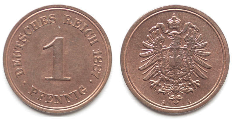 Germania. Prussia.&nbsp;Guglielmo I. 1871-1888.&nbsp;1 Pfennig 1887 A. A2. Km. 1...