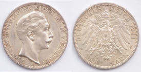 Germania. Prussia.&nbsp;Guglielmo II. 1888-1918.&nbsp;3 Marchi 1911 A. Ag. KM# 527. Peso gr. 16,66. Diametro mm. 33. FDC. Lustro di conio
