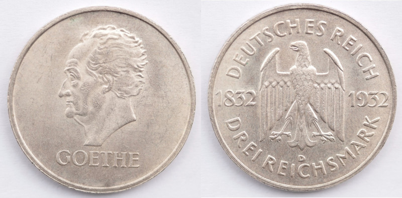 Germania. Repubblica di Weimar. 3 Marchi 1932 D. 100 Anniversario Goethe. Ag. Km...
