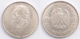 Germania. Repubblica di Weimar. 3 Marchi 1932 D. 100 Anniversario Goethe. Ag. Km. 76. Peso gr. 15,07. Diametro mm. 30. SPL+.