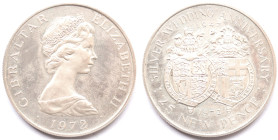 Gibilterra.&nbsp;25 New Pence 1972. Ag. KM. 6a.&nbsp;Peso gr. 28,71. Diametro mm. 38,50. SPL.&nbsp;