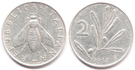 2 Lire 1958. It. Gig. 334. Peso gr. 0,80. Diametro mm. 18,30. SPL. RR.