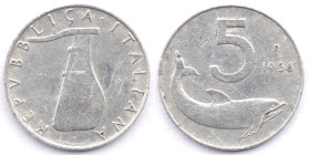 5 lire 1956. It. Gig 287. Peso gr. 1,00. BB+. Graffi e colpetti. RR.&nbsp;