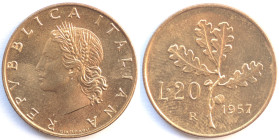 20 Lire 1957 Ramo di quercia. Br. Gig. 192a. Peso gr. 3,65. Diametro mm. 21,30. FDC.