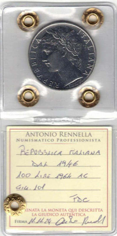 100 Lire 1964 Minerva. Ac. Gig. 101. FDC. Perizia Rennella.

Status: FDC