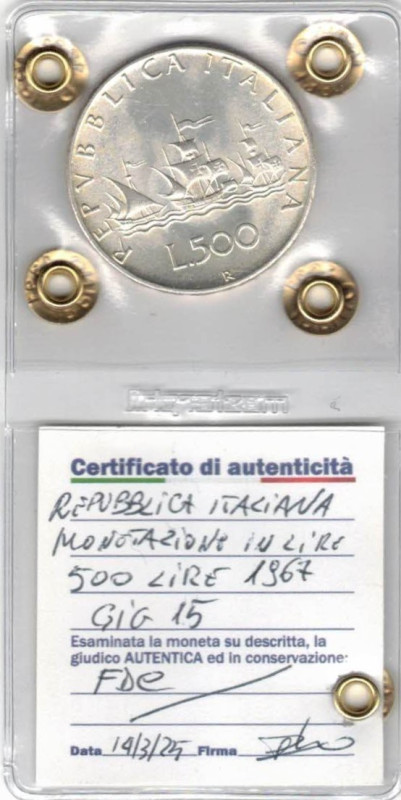 500 Lire Caravelle 1967. Ag. Gig. 15. FDC. Perizia Irpino.&nbsp;

Status: FDC