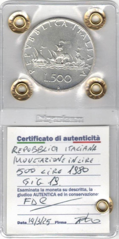 500 Lire Caravelle 1980. Ag. Gig. 19. FDC. Perizia Irpino.&nbsp;

Status: FDC