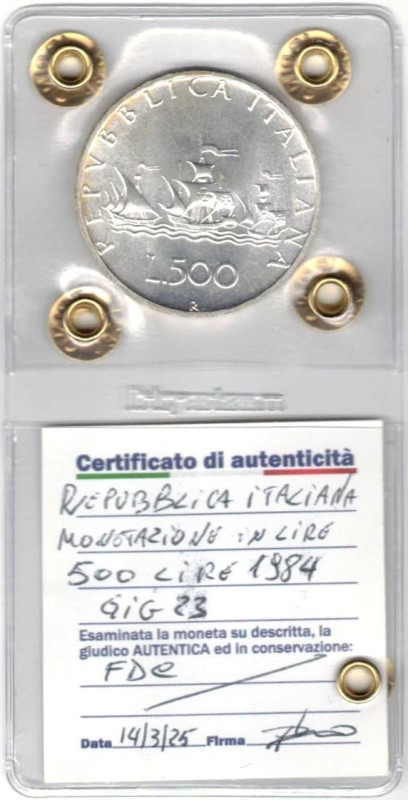 500 Lire Caravelle 1984. Ag. Gig. 23. FDC. Perizia Irpino.&nbsp;

Status: FDC