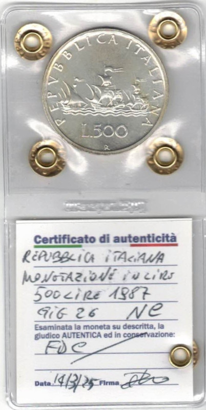 500 Lire Caravelle 1987. Ag. Gig. 26. FDC. Perizia Irpino. NC.

Status: FDC