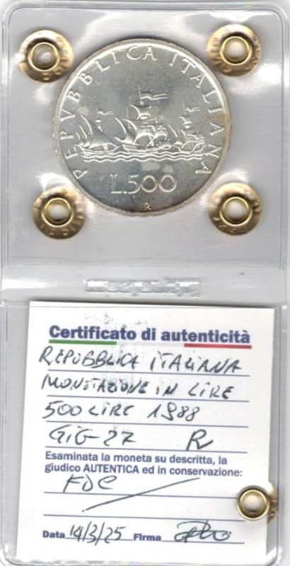 500 Lire Caravelle 1988. Ag. Gig. 27. FDC. Perizia Irpino. R.

Status: FDC