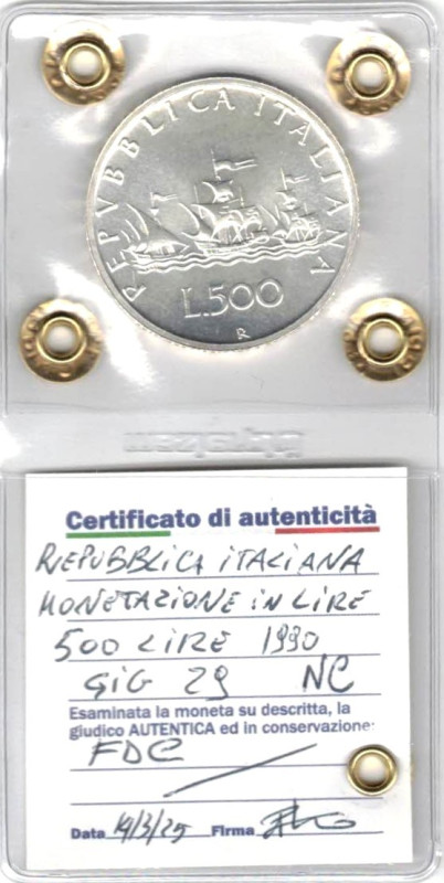 500 Lire Caravelle 1990. Ag. Gig. 29. FDC. Perizia Irpino. NC.

Status: FDC