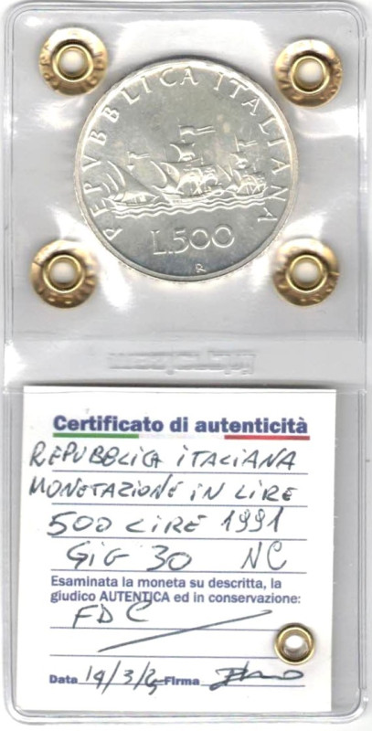 500 Lire Caravelle 1991. Ag. Gig. 30. FDC. Perizia Irpino. NC.

Status: FDC