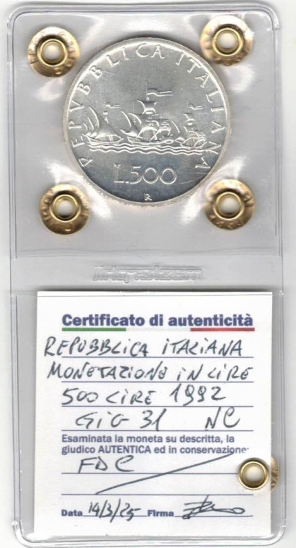 500 Lire Caravelle 1992. Ag. Gig. 31. FDC. Perizia Irpino. NC.

Status: FDC